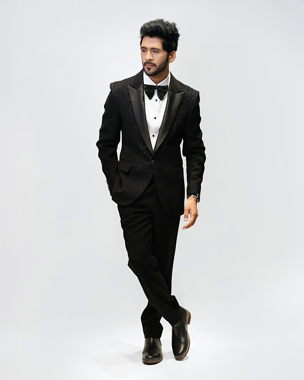 Rain Effect Embroidered Tuxedo Suit - Image 2