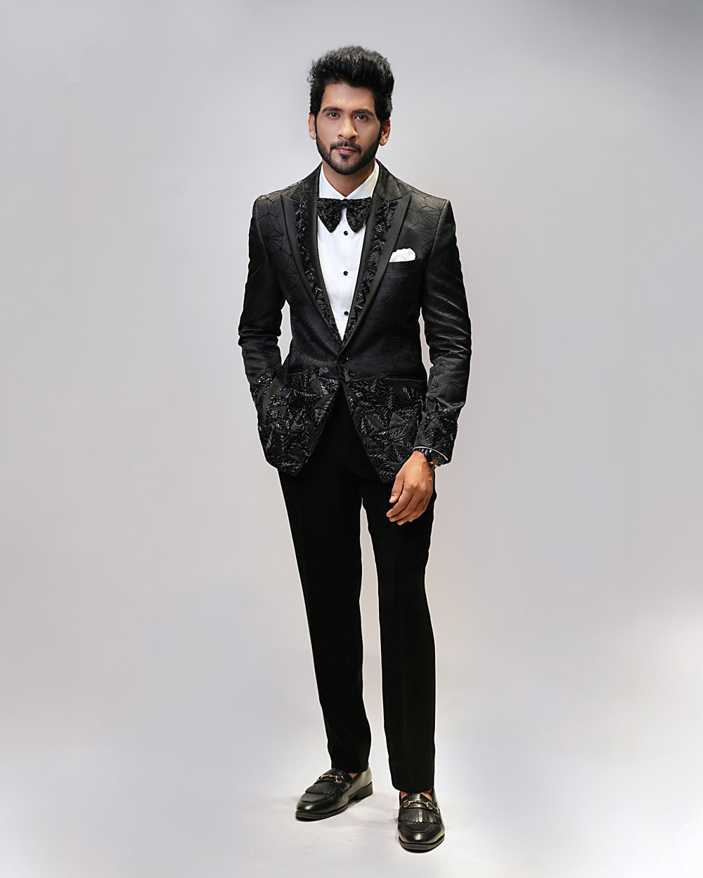 Multi Color Embroidered Tuxedo in Black Jacquard Fabric