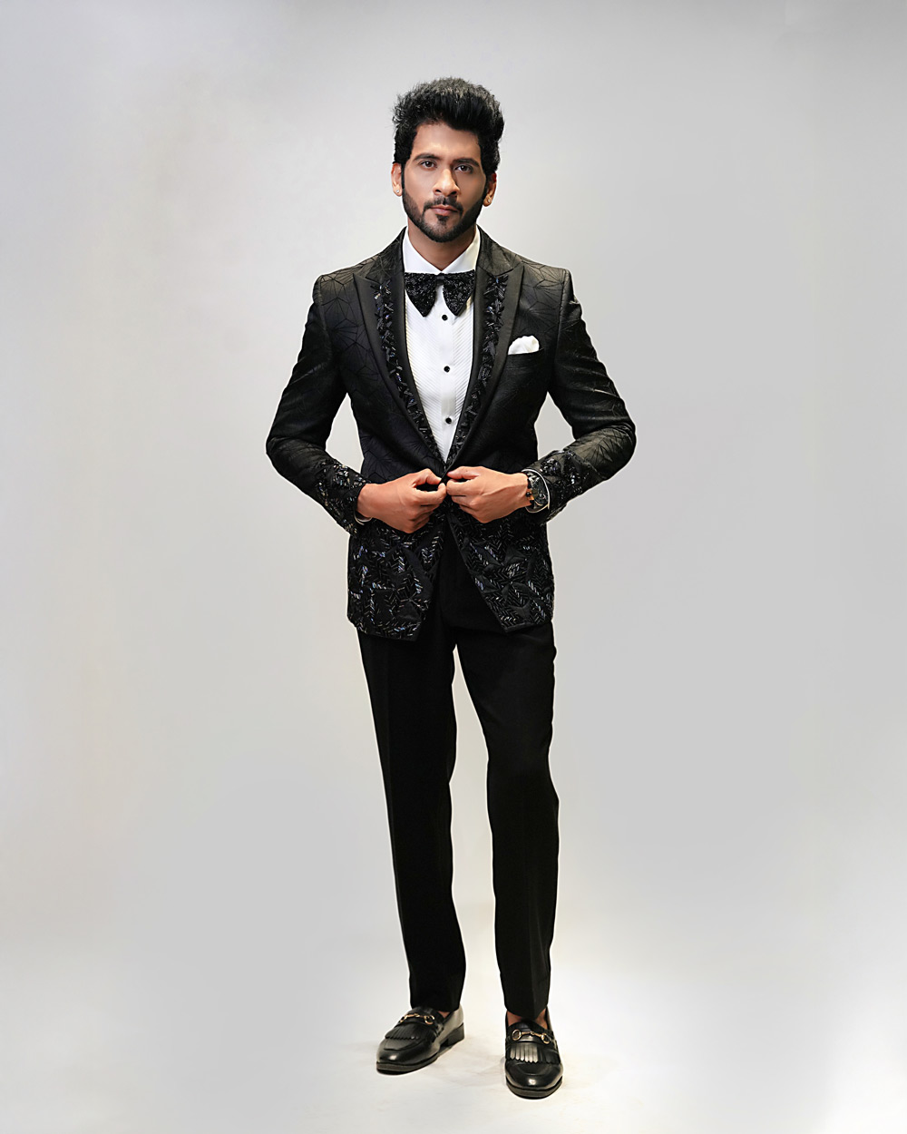 Multi Color Embroidered Tuxedo in Black Jacquard Fabric - Image 2