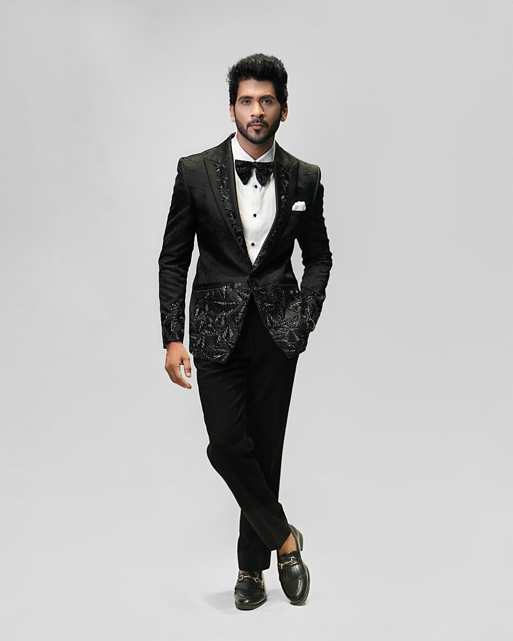 Multi Color Embroidered Tuxedo in Black Jacquard Fabric - Image 3