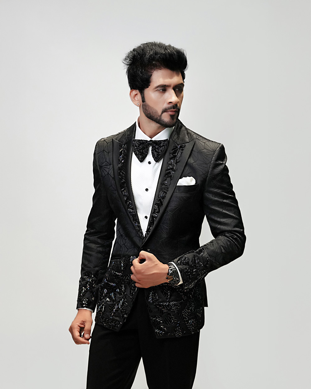 Multi Color Embroidered Tuxedo in Black Jacquard Fabric - Image 4
