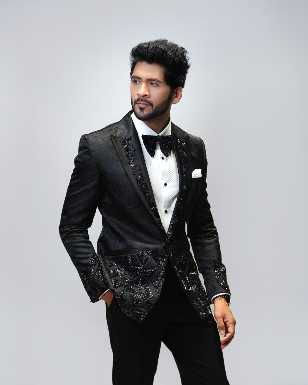 Multi Color Embroidered Tuxedo in Black Jacquard Fabric - Image 5