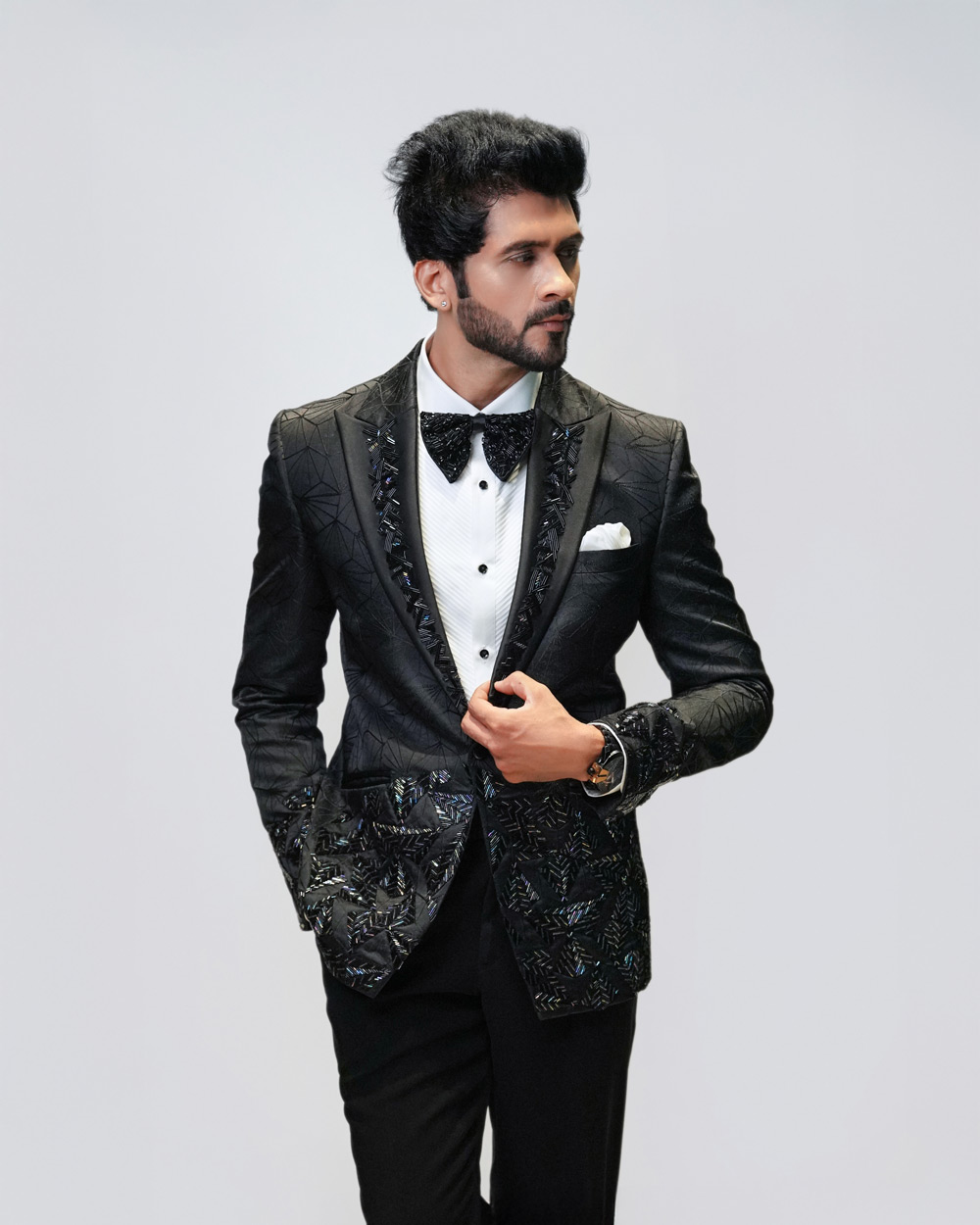 Multi Color Embroidered Tuxedo in Black Jacquard Fabric - Image 6