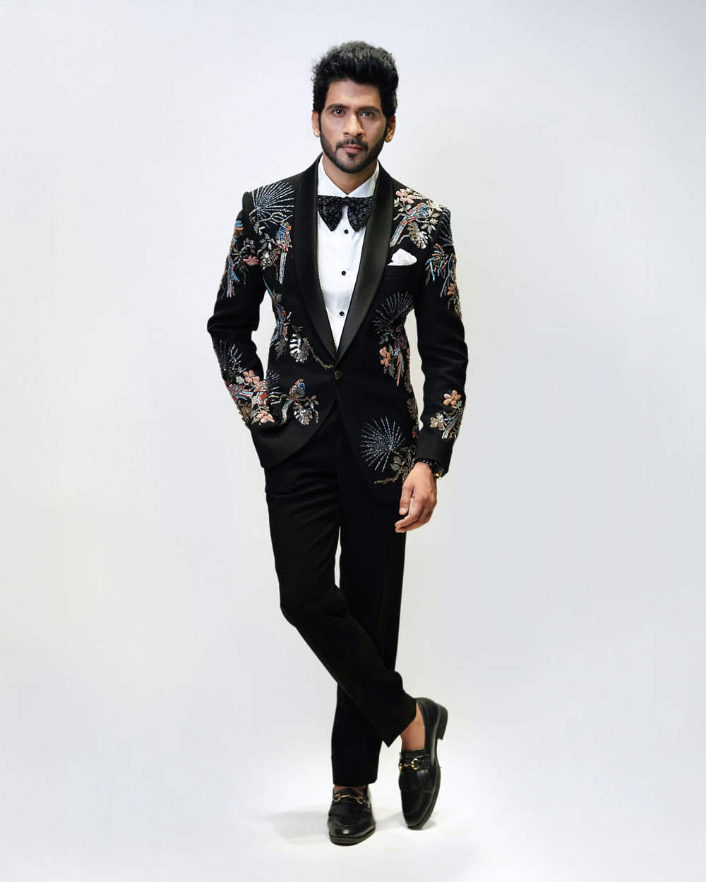 Black Multi Parrot Embroidered Tuxedo
